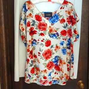 Cream polyester top with blue/ red flowers